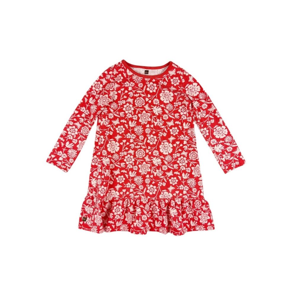 Tea Collection Holly Ruffle Dress Red Floral Size 7 Holiday